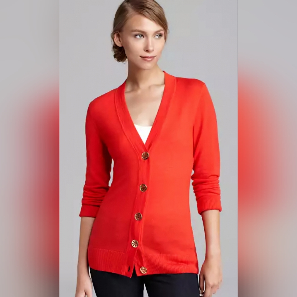 Tory Burch Simone Cardigan Sweater in red with gold logo buttons